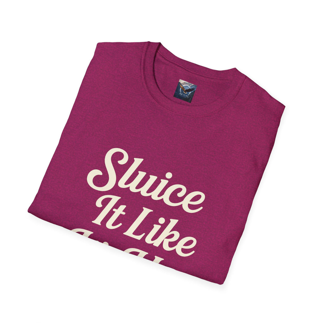 Folded purple t-shirt with white text Sluice It Like It's Hot 
