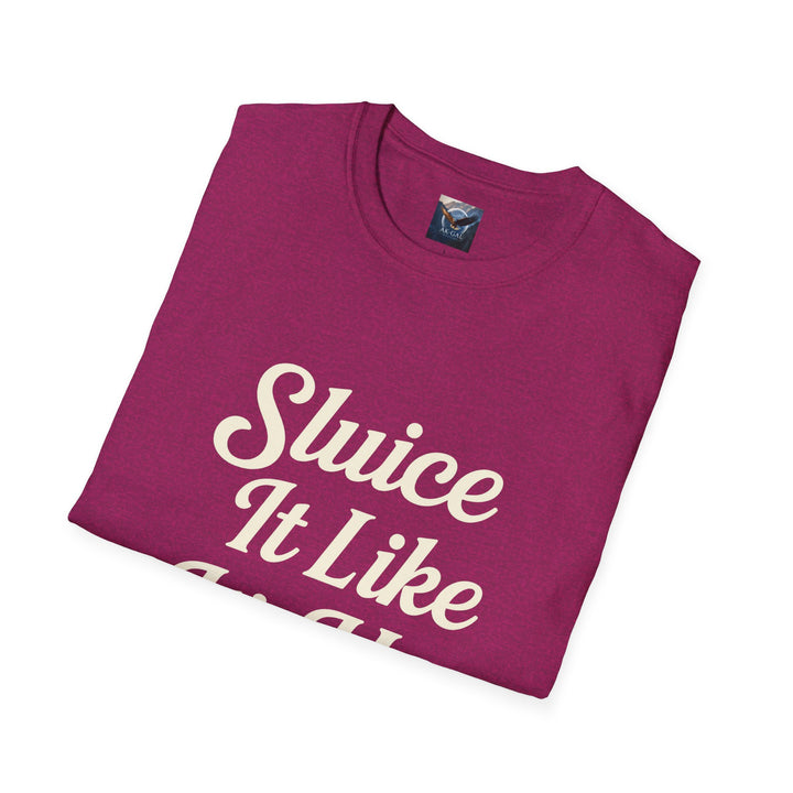 Folded purple t-shirt with white text Sluice It Like It's Hot 
