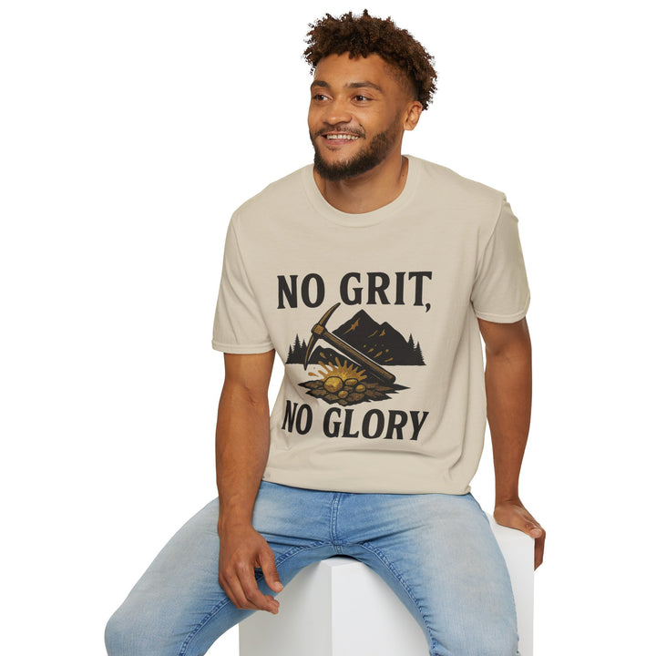Model wearing a beige No Grit, No Glory t-shirt 