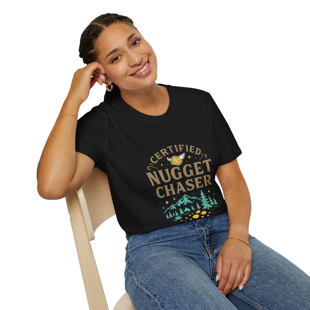 Female model wearing a black t-shirt with 'Certified Nugget Chaser' design, sitting on a chair.