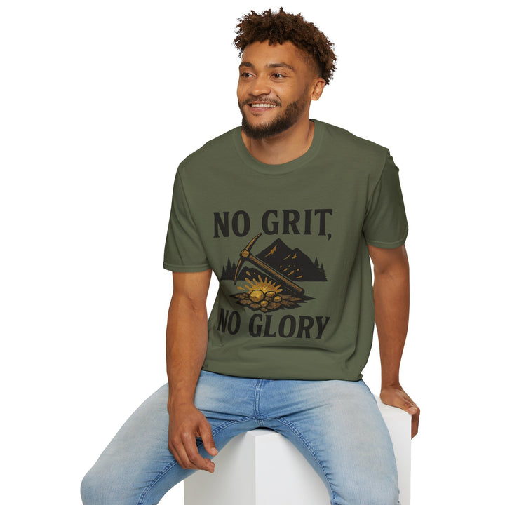 Man wearing a green No Grit, No Glory t-shirt for men