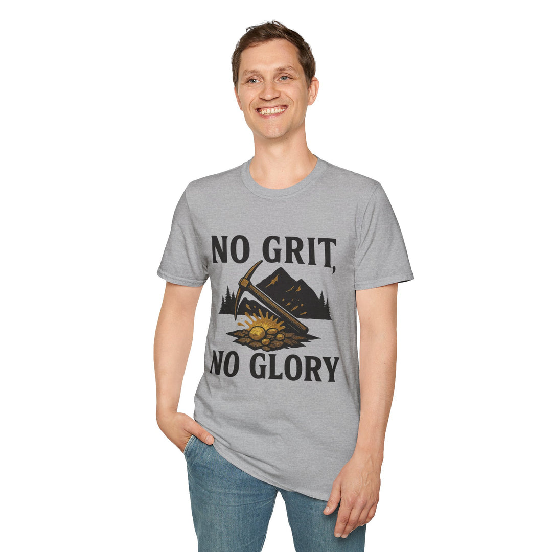Person wearing a gray No Grit, No Glory t-shirt 