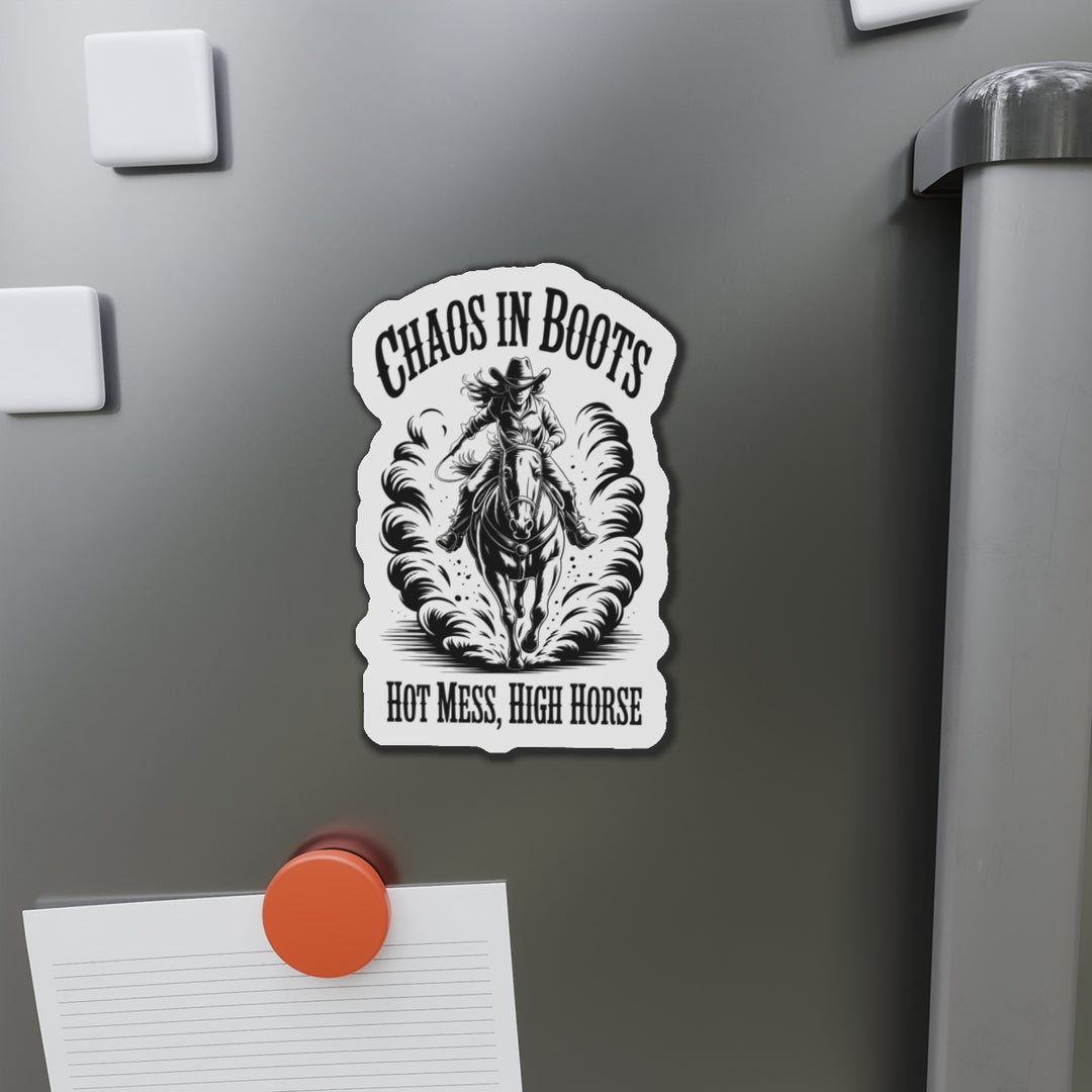 Die-Cut Magnet — "Chaos in Boots" Cowboy Horse Magnet (Hot Mess, High Horse)