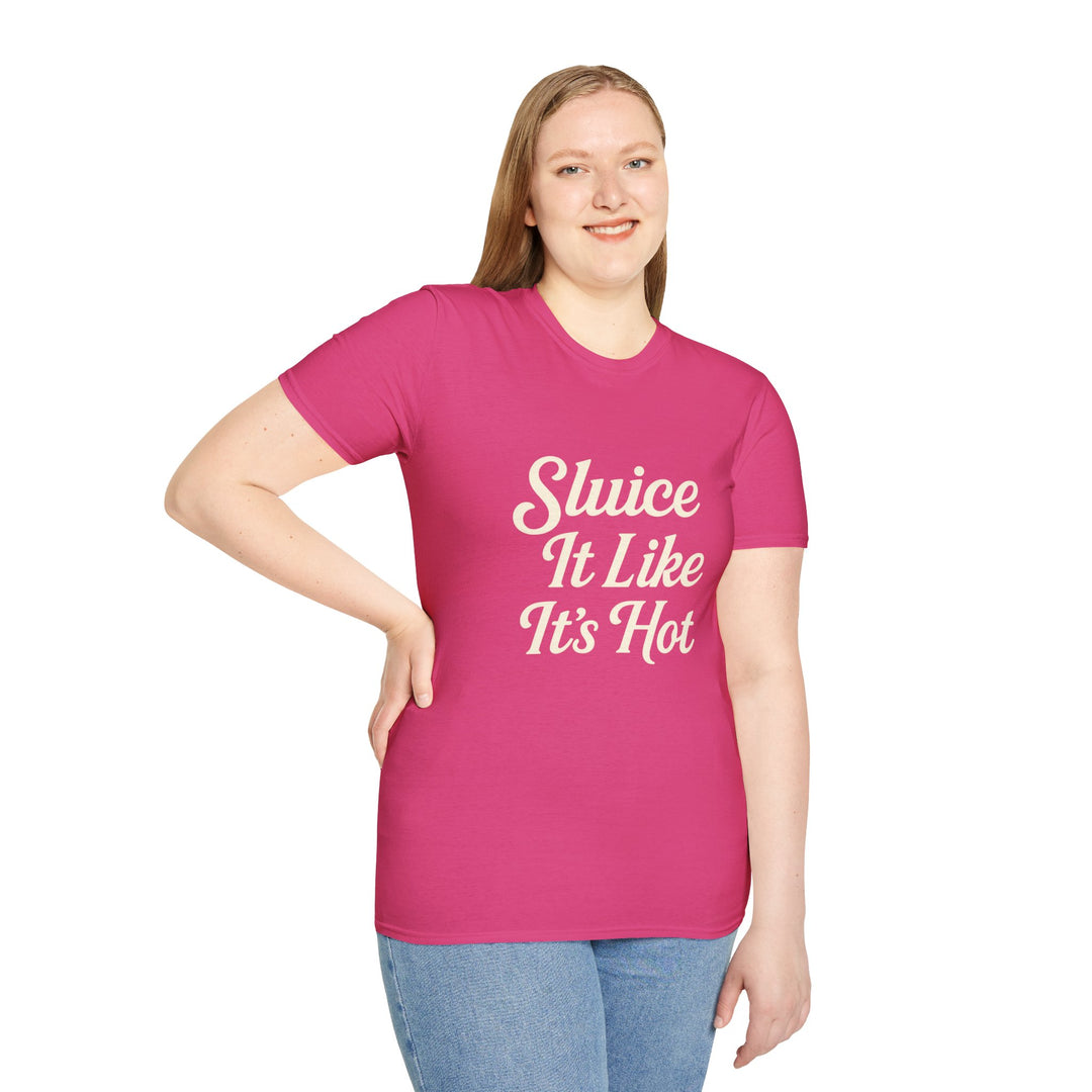 model wearing a pink t-shirt with text Sluice It Like It’s Hot, front view