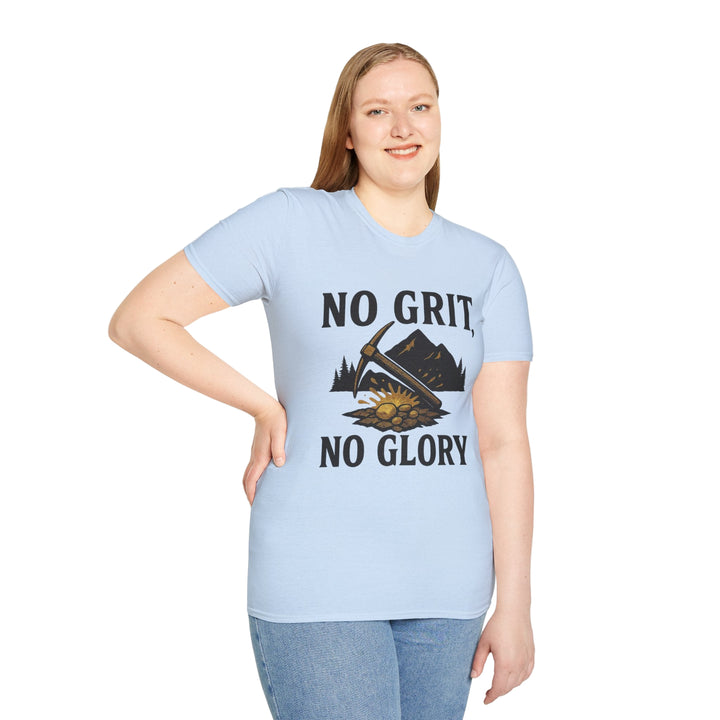 Girl wearing a light blue t-shirt with 'No Grit, No Glory' 