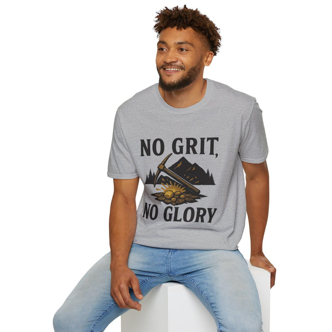 Man wearing a gray No Grit, No Glory t-shirt 