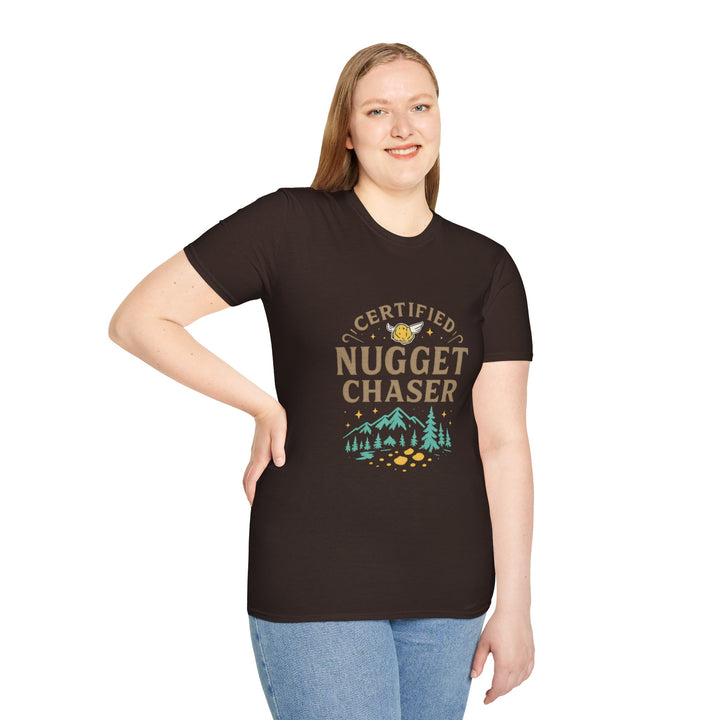 Female model wearing a black t-shirt with 'Certified Nugget Chaser' text and graphics