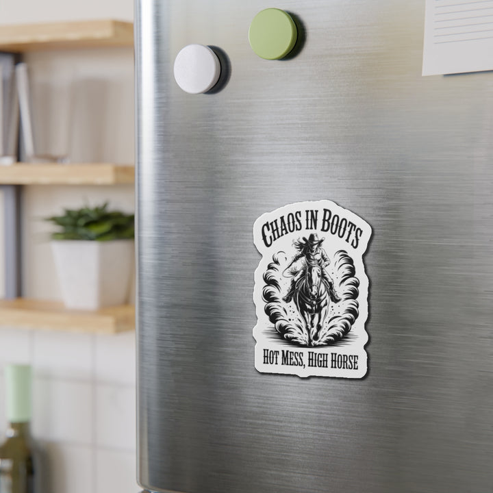 Die-Cut Magnet — "Chaos in Boots" Cowboy Horse Magnet (Hot Mess, High Horse)
