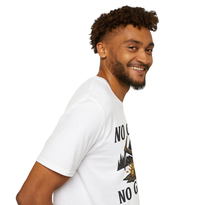 Man wearing a white No Grit, No Glory t-shirt 