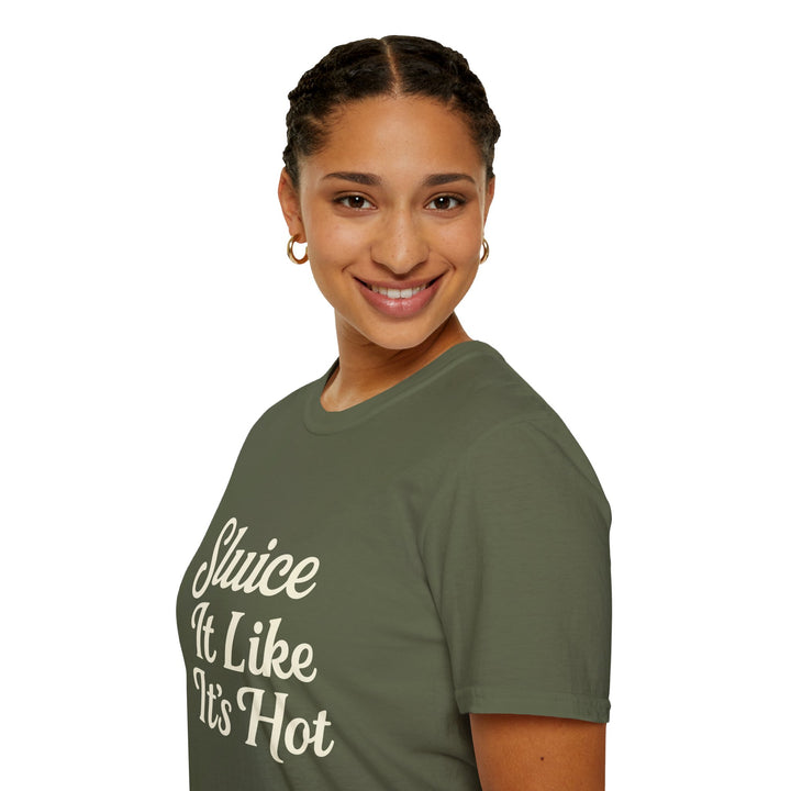 Female model wearing a green t-shirt with text Sluice It Like It's Hot, front view
