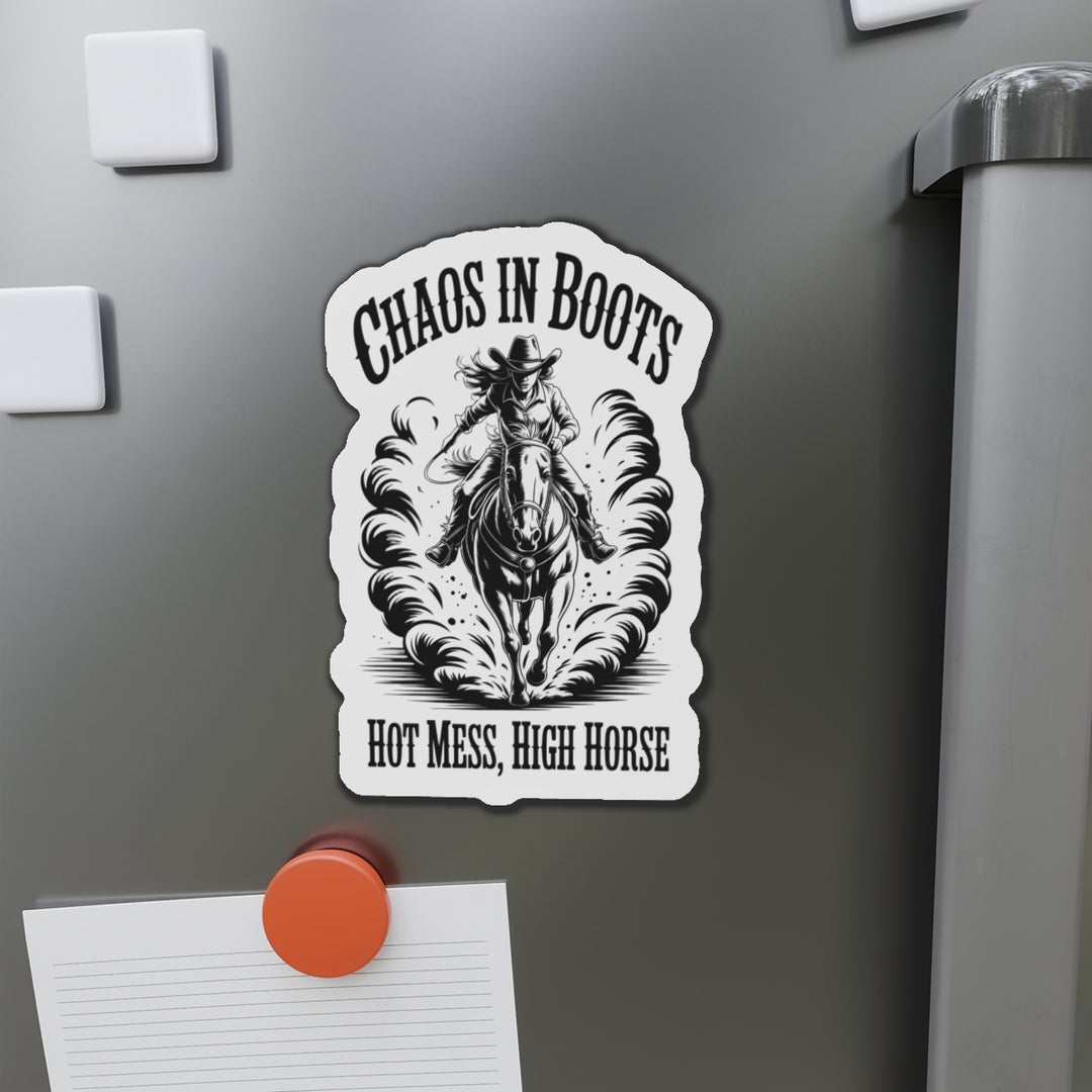 Die-Cut Magnet — "Chaos in Boots" Cowboy Horse Magnet (Hot Mess, High Horse)