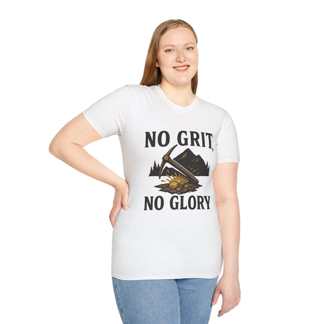 Model wearing a white No Grit, No Glory t-shirt 