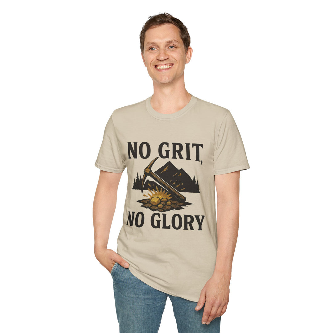 Model wearing a beige  No Grit, No Glory t-shirt for boy