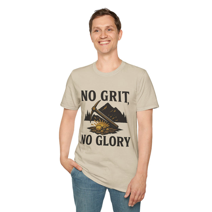 Model wearing a beige  No Grit, No Glory t-shirt for boy