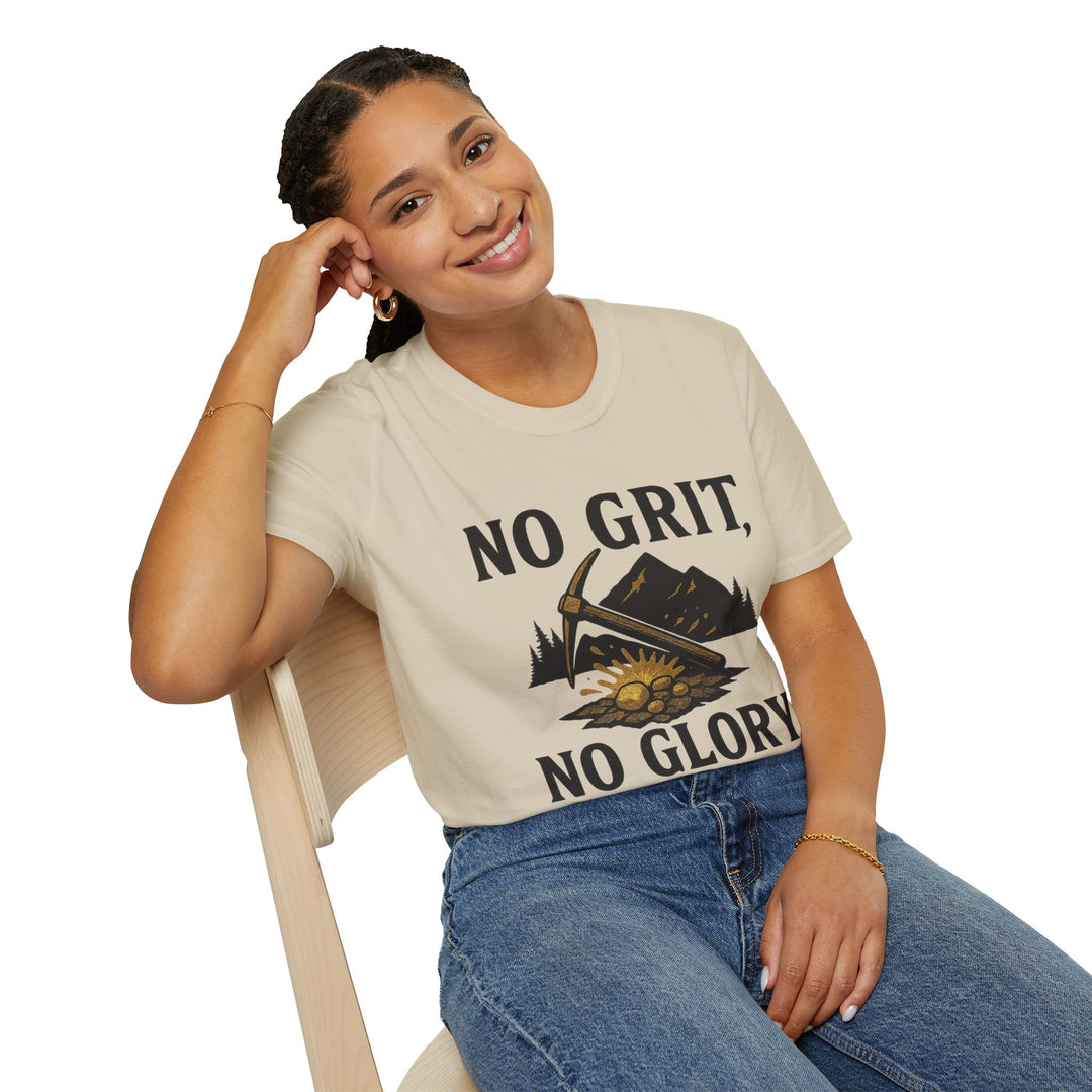 Model wearing a t-shirt with 'No Grit, No Glory' text and graphic design.