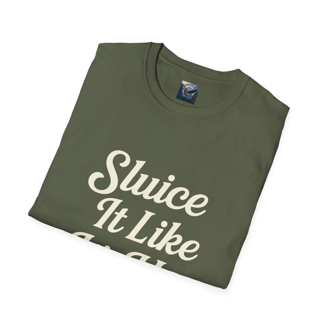 Folded green t-shirt with 'Sluice It Like' text 