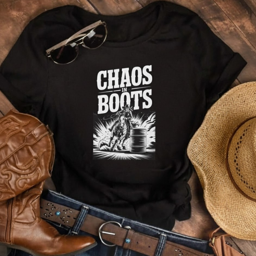 Black t-shirt with 'Chaos in Boots' graphic, cowboy boots, hat, and sunglasses on a wooden surface